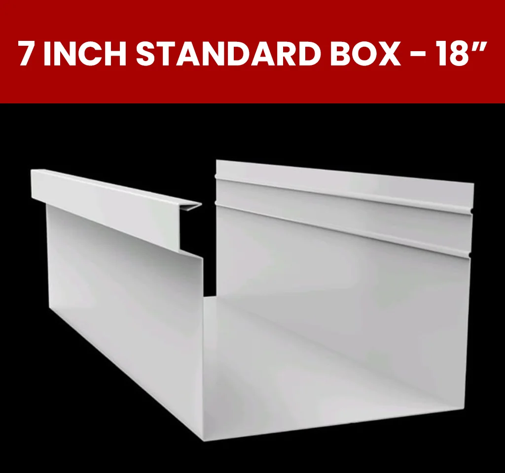 7 inch Standard Box-18 seamless gutter profile with straight box face, manufactured by OnSite Seamless in Aluminum, Galvalume and Copper