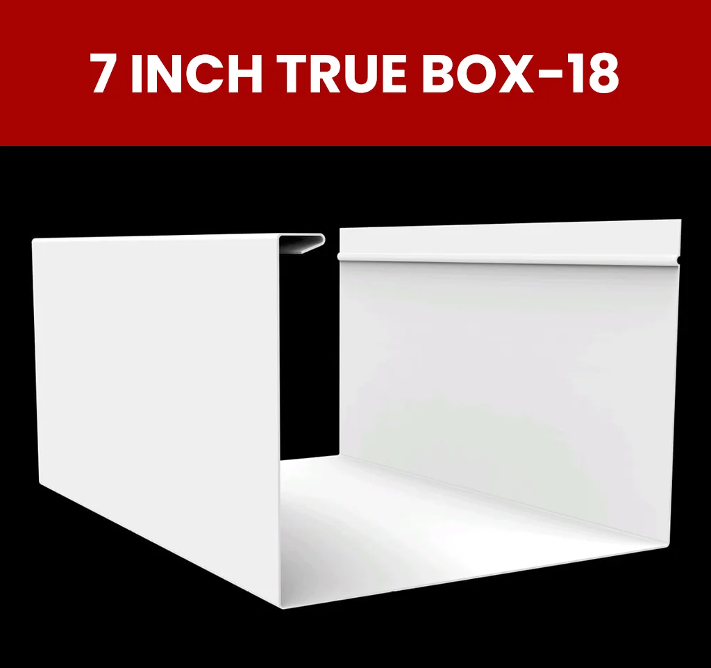 7 inch True Box-18 seamless gutter profile manufactured by OnSite Seamless, Aluminum, Galvalume and Copper