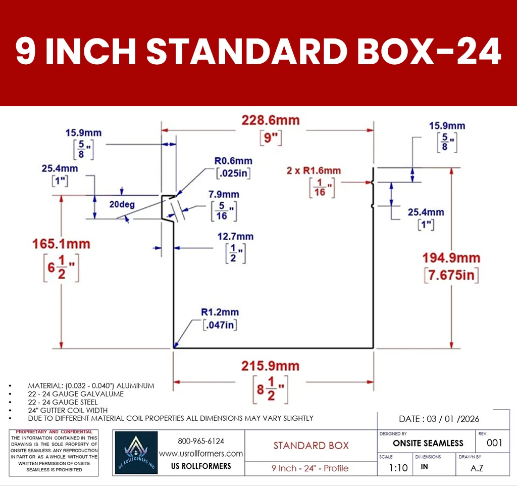 9 inch Standard Box-24 gutter profile blueprint with dimensions, coil width and material specs