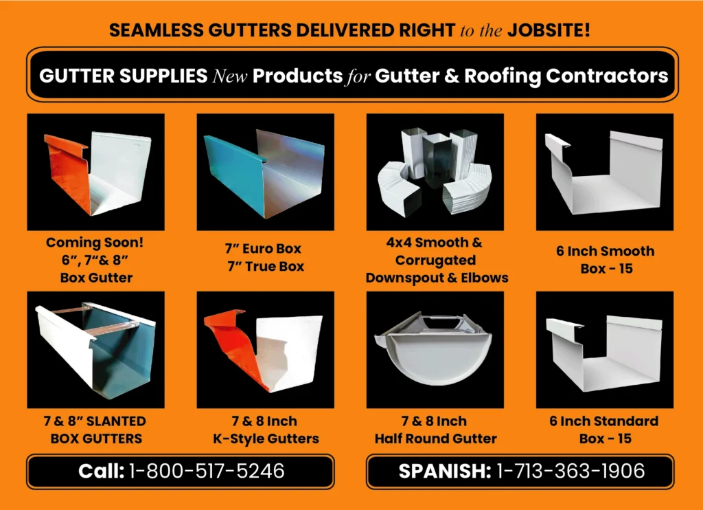 Gutter supplies for contractors: Box, K-Style & Half Round Gutters plus 4x4 downspouts & elbows